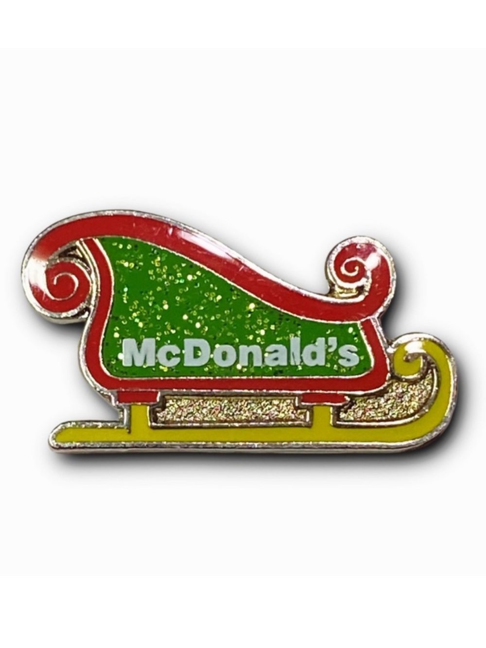 McDonald’s Pin Glitter Santa Sleigh 2009 Green, Red & Yellow Metal Lapel Pin